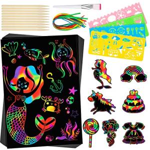 Scratch Paper Art Girls Toys - Rainbow Scratch Off Paper Set Crafts for Kids Ages 4-8 Arts Supplies Color Drawing Paper Kit for Party Game DIY Kids Girls Gifts Toys for 3 4 5 6 7 8 9 10 Year Old by UCIDCI