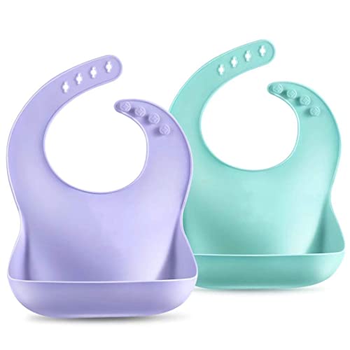 Set of 2 Colors Clear Cute Clear Silicone Baby Bibs for Babies & Toddlers (10-72 Months) by Panda Ear-Waterproof, Soft, Unisex, Non Messy - Light Blue/Purple from PandaEar