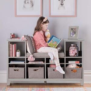 MARTHA STEWART Living and Learning Kids' Reading Nook - Gray: Wooden Storage Bookcase Organizer with Seat Cushion, Book Shelves, and Fabric Bins for Bedroom or Playroom from Guidecraft