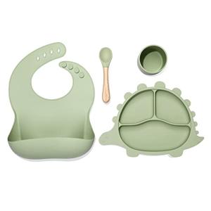 Silicone Baby Feeding Set - Silicone Bib, Dinosaur Shape Silicone Plate for Baby with Suction, Drinking Cup and Baby Led Weaning Spoon - Baby Toddler Self Feeding Training Eating Dishes Supplies from 