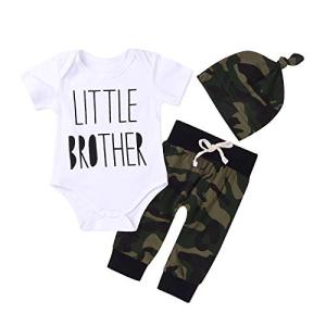 3Pcs Baby Boys Little Brother Camouflage Romper Tops+Pants Leggings+ Hat Outfits Set (White&Camouflage, 0-6m(Tag70)) from 