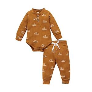 2Pcs Newborn Baby Boys Clothes Set Sun Print Pullover Sweatershirt+Drawstring Pants Infant Toddler Outfits (Brown Sun Print Bodysuit Set, 0-3 Months) from Thorn Tree