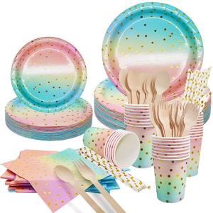 168PCS Pink and Gold-Pastel Party Supplies, Severs 24 Disposable Party Dinnerware Include Paper Party Plates, Cups, Napkins, Straw, Wooden Fork Spoon for Wedding, Rainbow Party, Birthday Baby Shower by DN DENNOV