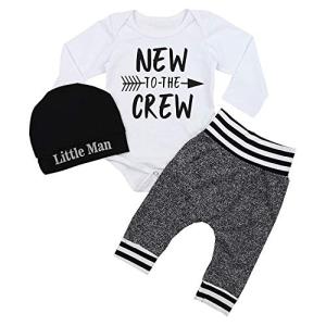Newborn Baby Boy Clothes New to The Crew Letter Print Romper+Pants+Hat 3PCS Outfits Set White 3-6 Months by 