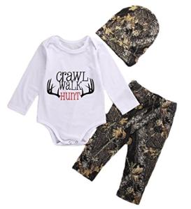 Newborn Baby Boys Long Sleeve Letters Deer Romper Bodysuit Camo Pants with Hat 3 Pcs Outfit Clothes Set (0-6 Months,E-White) from shejingb