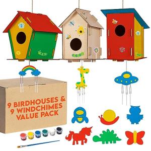 9 Wooden Birdhouses & 9 Wind Chimes -Art & Crafts for Kids Ages 4 5 6 7 8 - Kids Bulk Arts and Crafts Set with Painting Kit -DIY Wood Bird House and Windchimes Kits for Boys Girls to Build & Paint by HAPPITOYS
