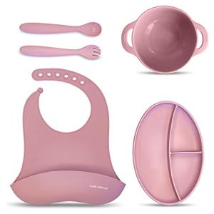 Keiki Tableware Baby Feeding Set - Pack of 5 - Feeding Supplies for Toddlers with Silicone Suction Plate, Bowl, Spoons and Bib - Self Eating Utensils Set Microwave Dishwasher Safe - Mauve by Keiki Tableware