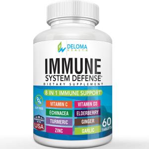 8 in 1 Immune System Defense and Support Supplement - Vitamin C (1000 mg), Vitamin D3 (125 mcg), Zinc (40 mg), Elderberry (250 mg), Echinacea (40 mg), Turmeric (100mg), Ginger (150mg), Garlic (150mg) by Deloma Health
