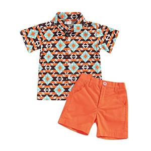 Karuedoo Western Baby Boy Clothes Toddler Cow Print Short Sleeve Button Down Shirt Shorts Set Cowboy Outfit (AB Orange Stripes, 18-24 Months) from Karuedoo