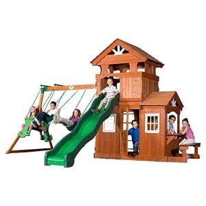 Backyard Discovery Shenandoah All Cedar Wooden Playset Swing Set with 2 Belt Swings, 2 Person Glider, 10 ft Wave Slide, Covered Upper and Lower Playhouse, Play Kitchen, Rock Wall, Outdoor Bench from Backyard Discovery- Leisure Time Products, Inc. - Dropsh