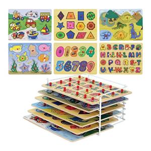 Etna Products Wooden Puzzles Set, Includes 6 Educational Puzzles and Wire Storage Rack - ABC, Numbers, Shapes, Vehicles and Animals - For Kids Age 3 Plus from Etna