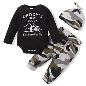 Cute Baby Boy Outfits Newborn Fall 3PCS Baby Clothes Boy Winter Long Sleeve Black Romper Top Grey Camo Pants Matching Hat 3-6 Months Baby Boy Clothes from 