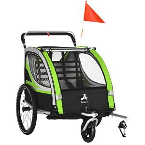 Aosom 2-in-1 Walk/Ride Foldable Child Baby Bike Trailer for Kids 2 Seater, High-Visibility Bike Stroller for Toddler Wagon, Weather-Strong Double Bicycle Trailer Accessory for Kids, Green by Aosom LLC