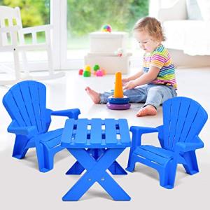 Costzon Kids Plastic Table and 2 Chairs Set, Adirondack Chair for Indoor & Outdoor Garden, Patio, Beach, Home, Toddlers Boys & Girls Activity Craft Table Set (Blue) from Costzon