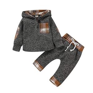 Infant Boy Clothes 6-9 Month Christmas Outfit Long Sleeves Hoodies Plaid Pants Set Baby Boys Clothes 6-12 Months Coffee by 