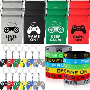 36 Pieces Video Game Party Favors Set Include Gamer Party Favor Bags with Drawstring Silicone Bracelets Wristbands Game Controller Keychains for Boys Girls Gaming Birthday Party Supplies Decorations from MTLEE