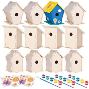 12 Wooden Birdhouses - Crafts for Girls and Boys - Kids Bulk Arts and Crafts Set - 12 DIY Unfinished Wood Bird House Kits, 12 Paint Strips, 12 Paintbrushes & Stickers for Children to Build & Paint from Neliblu