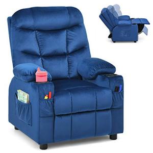 Costzon Kids Recliner Chair with Cup Holder, Adjustable Velvet Lounge Chair w/Footrest & Side Pockets for Children Boys Girls Room, Ergonomic Toddler Furniture Sofa, Kids Recliner (Blue) by Costzon
