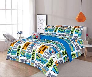 Sapphire Home 6 Piece Twin Size Boys Kids Teens Comforter Set Bed in Bag, Shams, Sheet Set & Decorative Toy Pillow, Kids Comforter Bedding w/Sheets, Video Games Gaming, Blue/Green, 6pc Game by Sapphire Home