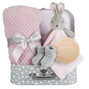 Baby Gift Set, Baby Blanket â New Baby Gifts Baby Bunny Security Blanket Soft Fleece, Pink Fuzzy Blanket, Knit Booties & Baby Gift Basket â Baby Girl Gifts for Baby Shower & Newborn Baby Gifts Lovey from Hoolaroo