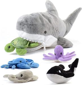 Prextex 15-Inch Plush Shark with 5 Piece Soft Stuffed Sea Animals Includes Stuffed Octopus, Crab, Turtle, Stingray, and Blue Whale by Prextex