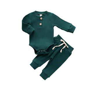 Baby Newborn Girls Boys Long Sleeve Clothes Striped Romper & Pants Set Infant Fall Winter Cotton Outfits (B-Green, 12-18 Months) from Bmnmsl