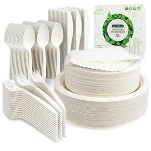 DecorWoo 300Pcs Compostable Paper Plates Set, Eco Party Plates & Biodegradable Utensil Include Forks, Knives, Spoons, Napkins, Soak Proof Disposable Dinnerware Set for Party Supplies, Camping by chengrui
