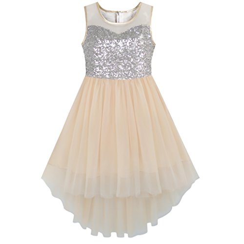 KB25 Girls Dress Beige Sequined Tulle Hi-lo Wedding Party Dress Size 14 from 
