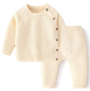 Toddler Baby Boys Girls Sweater Set Newborn Knit Crochet Outfit Pants Solid Clothes Long Sleeve Pullover Sweatshirt Tops Beige by 