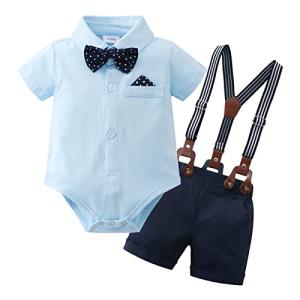 Infant Baby Boy Clothes Gentleman Outfits Suits Summer Short Sleeve Bowtie Bodysuit Shirts + Suspender Shorts(Blue,3-6Mï¼ from 