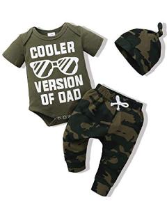 Baby Boy Clothes Newborn Boy Outfit 3-6 Months Romper Short Sleeve Cooler Version Of Dad Top Camouflage Long Pants with Hat Gift 3PC Infant Clothing Set Green from 