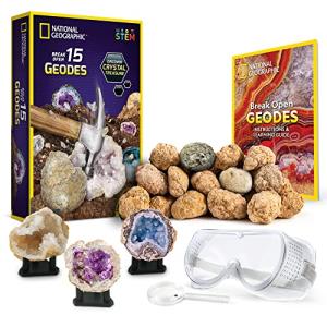 NATIONAL GEOGRAPHIC Break Open 15 Premium Geodes - With Goggles, Detailed Learning Guide, 3 Display Stands, Great STEM Science Toy & Educational Gift by Discover with Dr. Cool