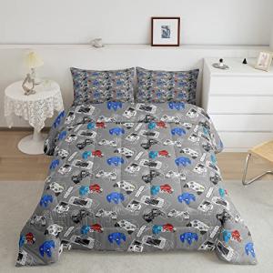 Erosebridal Gaming Comforter Set Twin for Boys Video Game Bedding Set Cartoon Gamepad Gamer Down Comforter, Soft Microfiber Grey White Reversible Bedding Comforters Game Controllers Print from Erosebridal