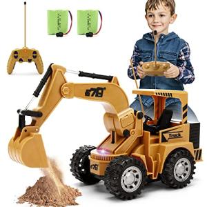 Remote Control Excavator Toy for Beginners - 4WD 5 Channel 1:24 RC Construction Excavator with LED Light, Pretend Construction Playset, Vehicle Toys for Boys Girls, Best Gifts for 3-6 Years Old Kids by EAHUMM