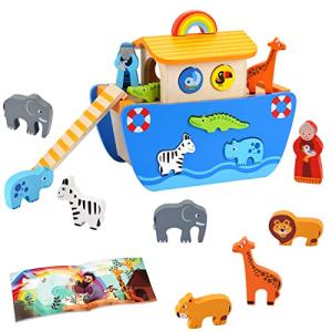 Toddlers Wooden Noah's Ark Toy Animal Playset, Baptism Gifts for 1 2 3 Boys Girls, Shape Sorter Early Learning Montessori Toys with Bible Story Book for 12 18 24 Months Babies by KMTJT