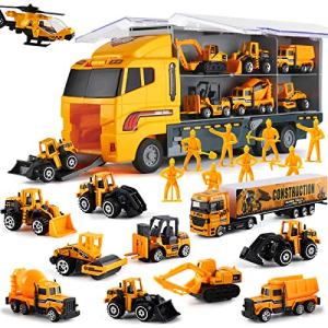 19 in 1 Construction Truck with Engineering Worker Toy Set, Mini Die-Cast Engine Car in Carrier Truck, Double Side Transport Vehicle Play for Child Kid Boy Girl Birthday Christmas Party Favors by Byonebye