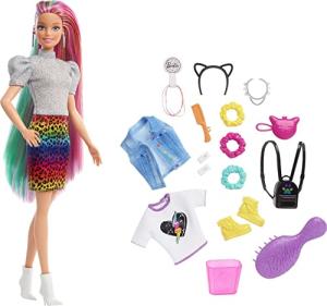 Barbie Leopard Rainbow Hair Doll (Blonde) with Color-Change Hair Feature, 16 Hair & Fashion Play Accessories Including Scrunchies, Brush, Fashion Tops, Cat Ears, Cat Purse & More from Mattel