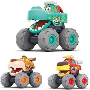 MOONTOY Toy Cars for 1 2 3 Year Old Boys, 3 Pack Friction Powered Cars Pull Back Toy Cars Set - Bull Truck, Leopard Truck, Crocodile Trucks, Push and Go Toy Cars for Toddler Boys Baby Gift. by MOONTOY