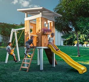 Avenlur Modern Outdoor Backyard Swing Set Children's Rock Climbing Wood Playground Playset 2 Belt Swings, Clubhouse Fort, Windows, Ladder, Wavy Slide Toddlers, Kids Climbers Play Adventure Rock 3-11yr by Avenlur