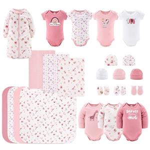 The Peanutshell Newborn Clothes & Accessories Set - 23 Piece Baby Girl Layette Gift Set - Fits Newborn to 3 Months - Rainbow & Safari, Pink from Farallon Brands