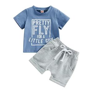 Infant Baby Boys Summer Clothes Sets Outfits Letter Print Short Sleeve T-Shirt and Stretch Casual Rolled Shorts Set (Blue Grey, 18-24 Months) from allshope