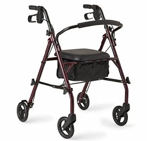 Medline Rollator Walker with Seat, Steel Rolling Walker with 6-inch Wheels Supports up to 350 lbs, Medical Walker, Burgundy by Medline Industries Healthcare