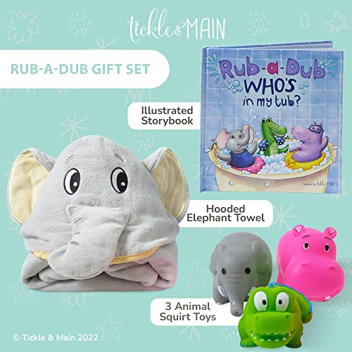 Baby Gift Set- Rub A Dub, Whoâs in My Tub - 5 Piece Bath Set Includes Elephant Hooded Towel, 3 Jungle Safari Squirt Toys, and Book. Adorable for Boys and Girls! from Tickle & Main