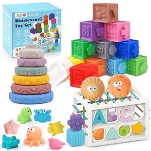 ADFO 5 in 1 Baby Toys 6to12-18 Months, 43PCS Montessori Toys for 1 2 3 Year Old, Include Soft Stacking Blocks & Color Shape Sensory Toys & Teething Bath Toys for Infants from ADFO