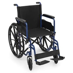 MoNiBloom Lightweight Wheelchair with 18 inch Wide Seat, Folding Transport Chair Portable Wheel Chair with 24'' PU Mag Wheels for Extra Comfort Use, 300 lbs Weight Capacity, Blue from MoNiBloom