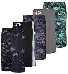 5 Pack: Big Boys Girls Youth Teen Printed Shorts Camo Kids Dry-Fit Sport Active Athletic Knit Mesh Basketball Soccer Exercise Running Workout Tennis Performance Gym Boy Girl Clothing -St 2,M (8/10) by 