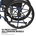 MoNiBloom Lightweight Wheelchair with 18 inch Wide Seat, Folding Transport Chair Portable Wheel Chair with 24'' PU Mag Wheels for Extra Comfort Use, 300 lbs Weight Capacity, Blue from MoNiBloom