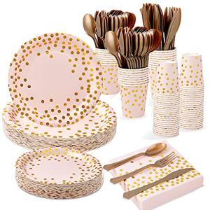 Pink and Gold Party Supplies - 350 PCS Disposable Dinnerware Set - Pink Paper Plates Napkins Cups, Gold Plastic Forks Knives Spoon for Graduation, Birthday, Cocktail Party by 