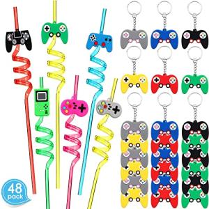 48 Pieces Video Game Party Favors Video Game Straws Game Controller Keychains Game Gifts for Kids Gamer Decorations Set for Boys Girls Birthday Game Party Supplies from MTLEE