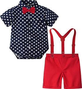 A&J DESIGN Baby Boy Suit Forth 4th of July American Flag Outfit Patriotic Suspender Formal Dress Clothes Shorts Navy Blue Star 12-18 Months by 